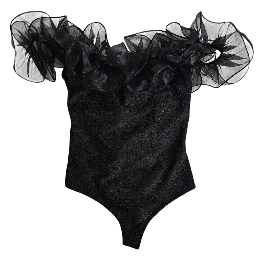 Nwt Mainstrip Black Wired Ruffle Off Shoulder Organza Crepe Knit Bodysuit